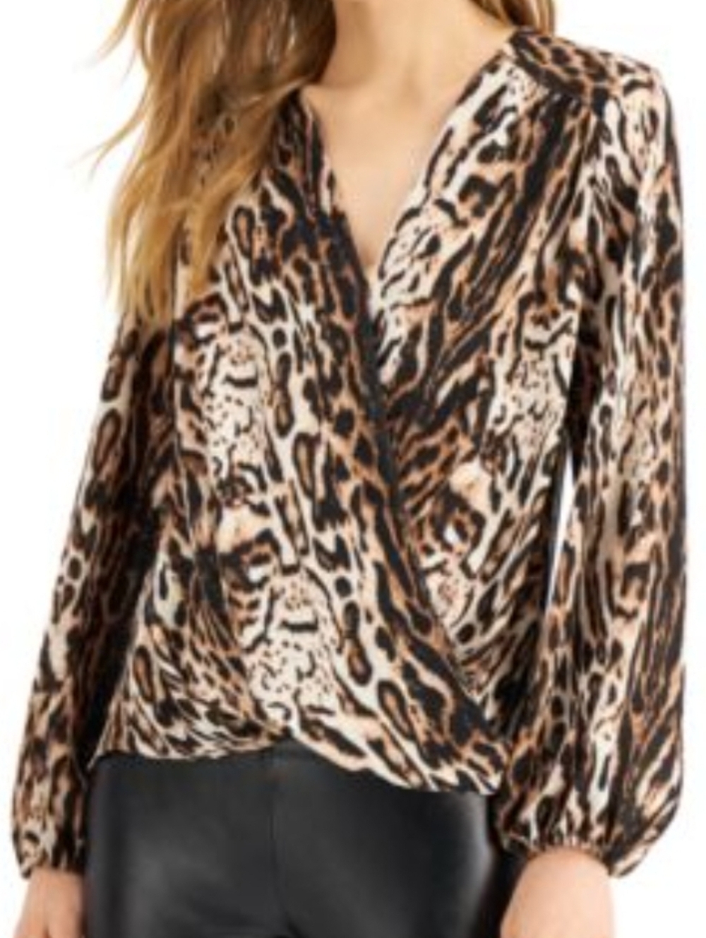 I.N.C. International Concept Animal Print Surplice Blouse  Brown Leopard Size XL